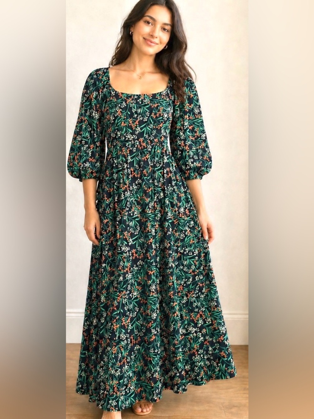 Anthro Lost + Wander Navy Blue Floral Wide Neckline 3/4 Puff Sleeve Maxi Dress S
